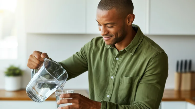 Man pouring water from a glass pitcher into a glass in a kitchen