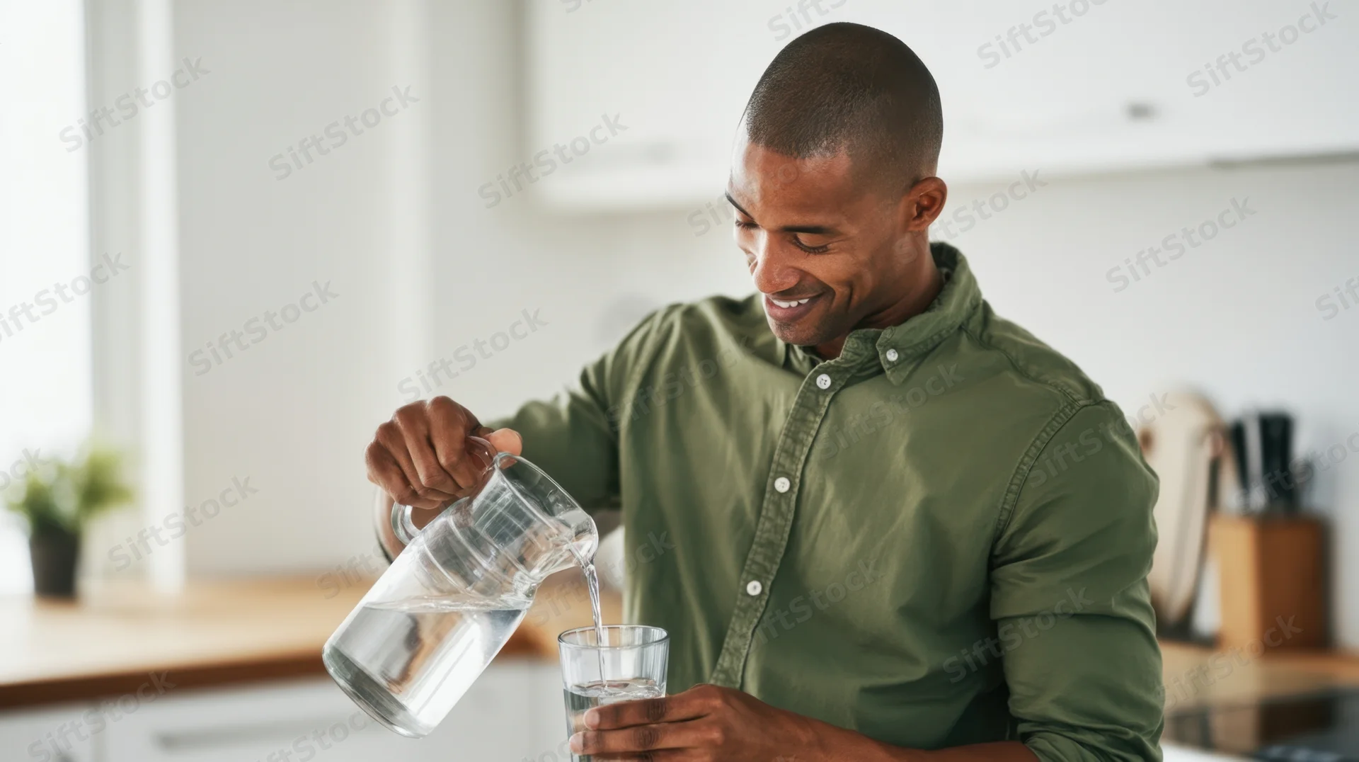 Man pouring water from a glass pitcher into a glass in a kitchen