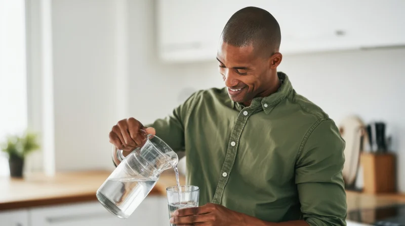 Man pouring water from a glass pitcher into a glass in a kitchen