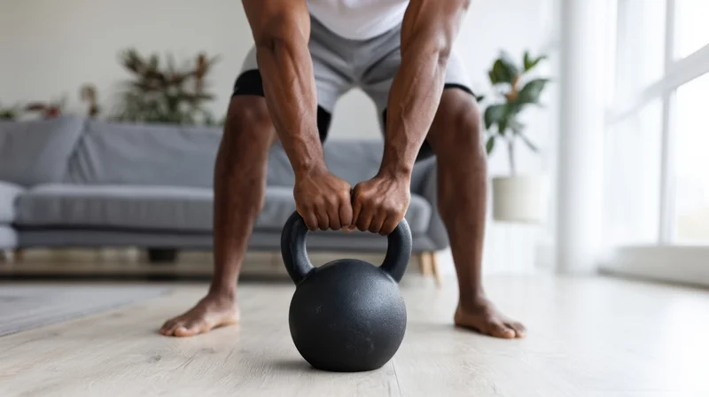 Man lifting kettlebell barefoot in living room during home workout
