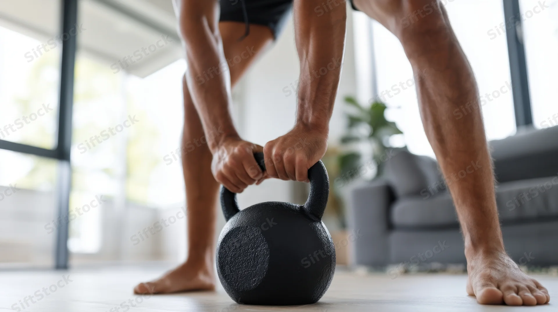 Man lifting kettlebell on floor in living room during home workout