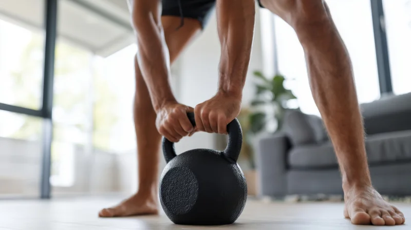 Man lifting kettlebell on floor in living room during home workout