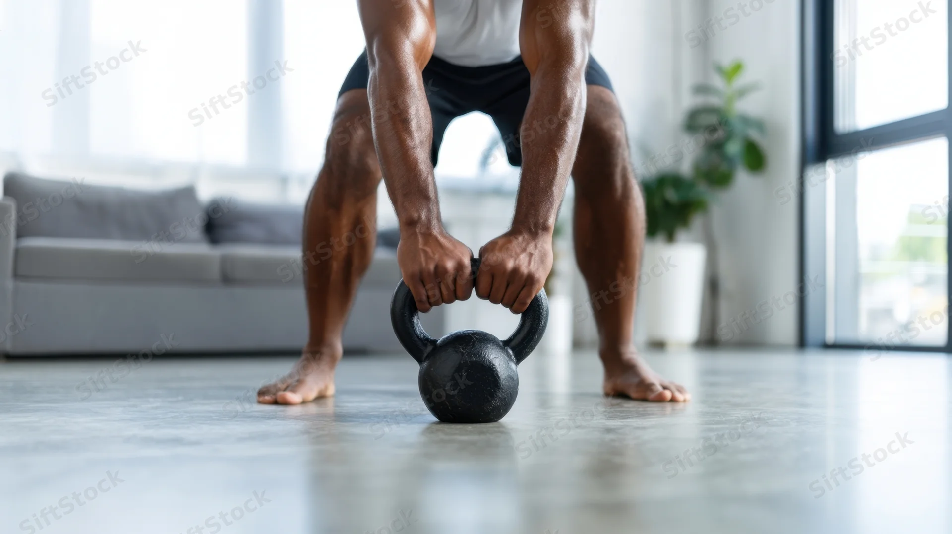 Man lifting kettlebell in living room during home workout
