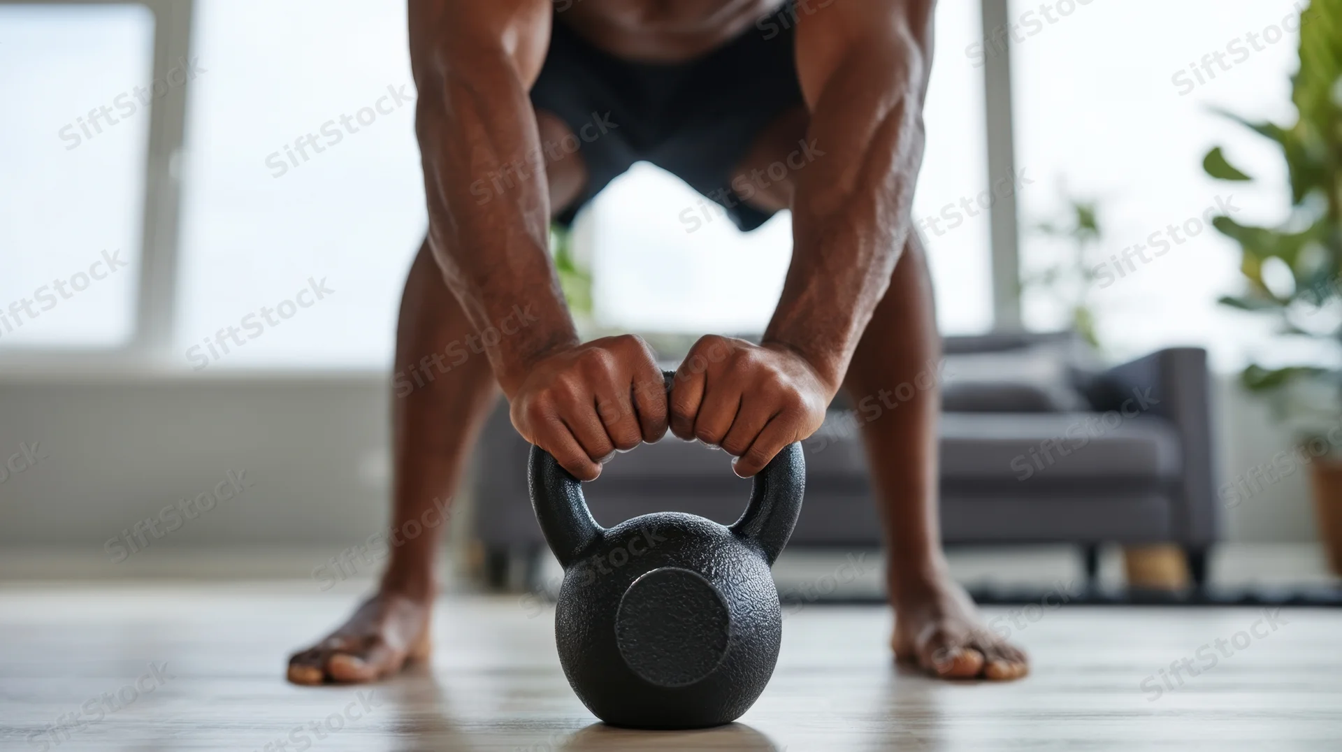 Man lifting kettlebell in living room during home workout