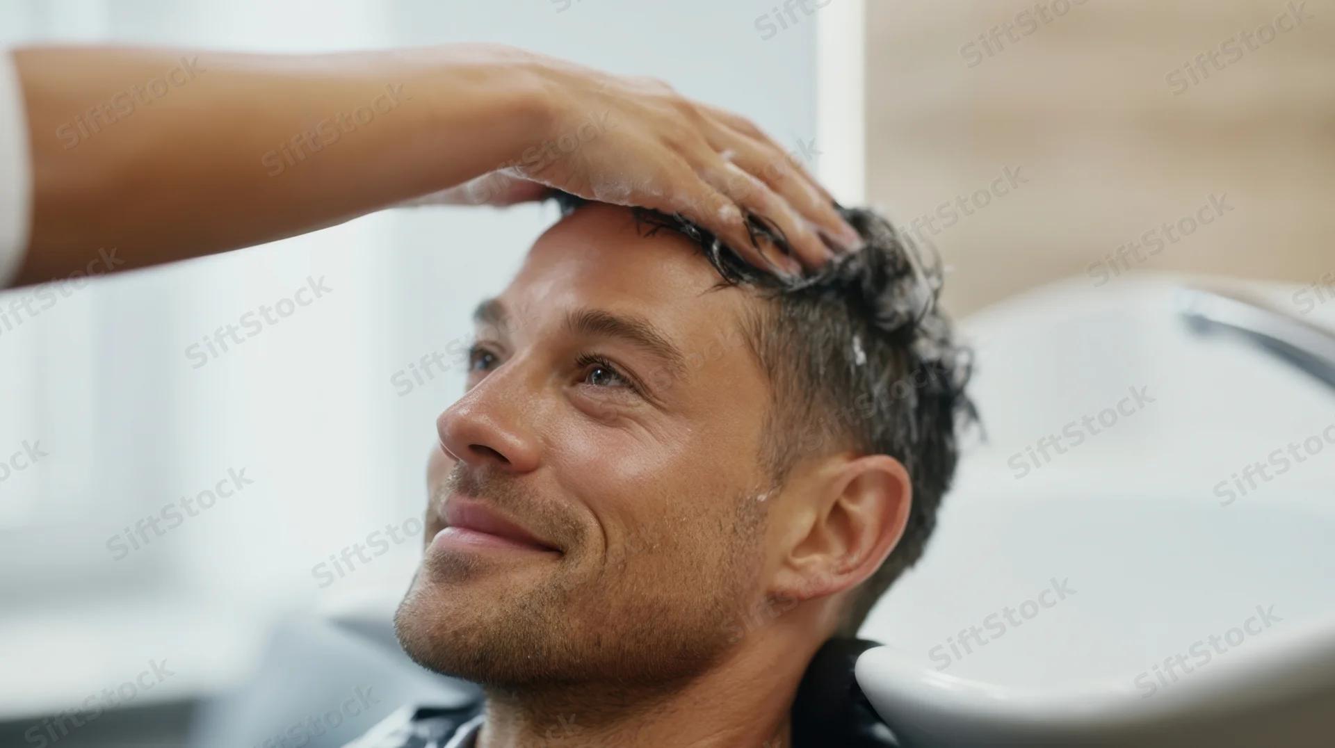 Man receiving shampoo treatment in salon chair with lather on hair