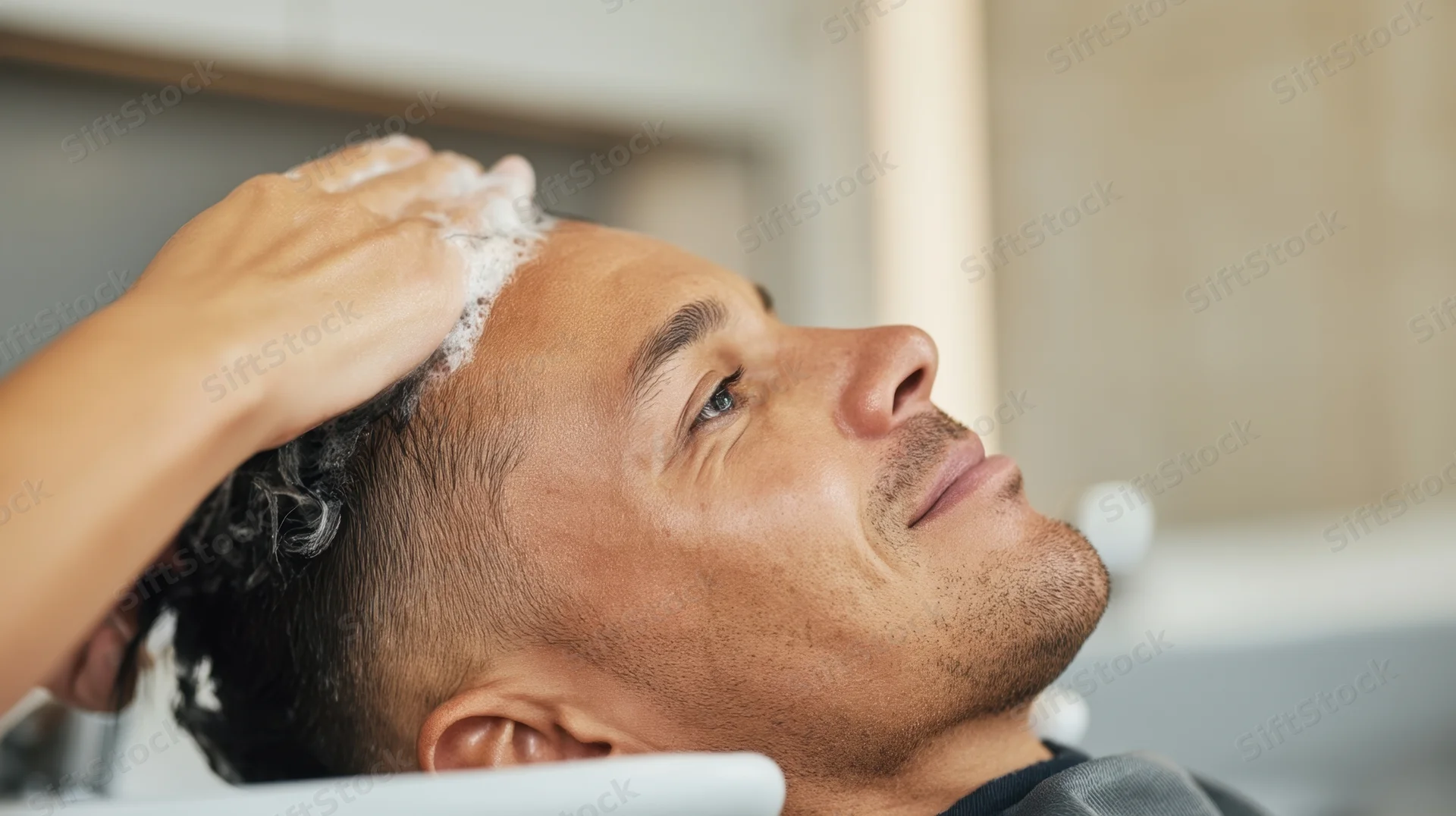 Man receiving hair wash with shampoo lather in salon chair