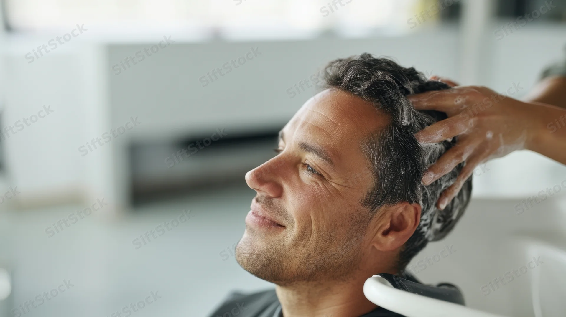 Man receiving shampoo treatment in salon chair