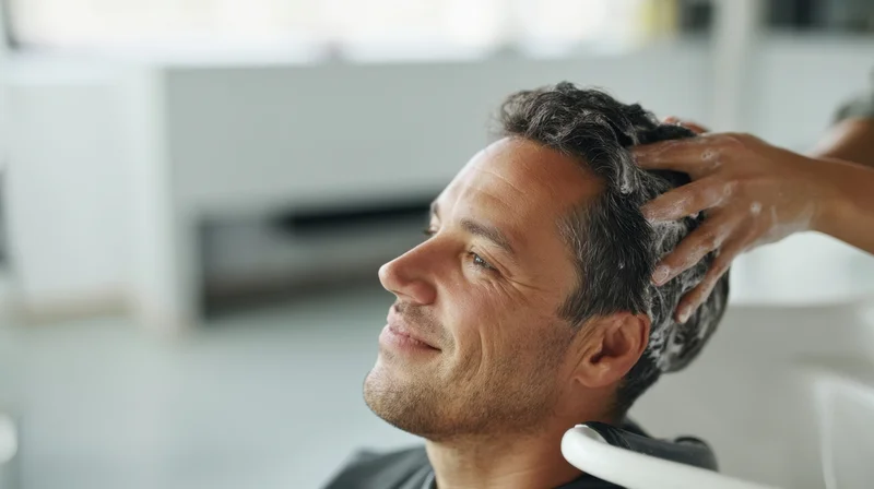Man receiving shampoo treatment in salon chair