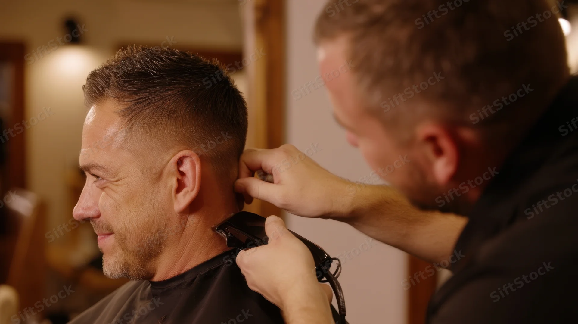 Barber trimming a man's hair with electric clippers in a salon