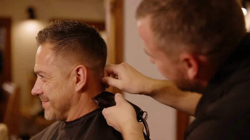Barber trimming a man's hair with electric clippers in a salon