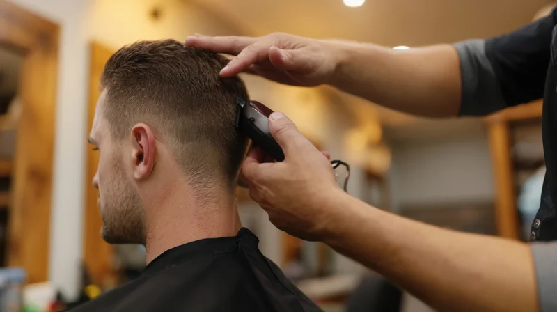 Barber trimming a man's hair with electric clippers in a salon