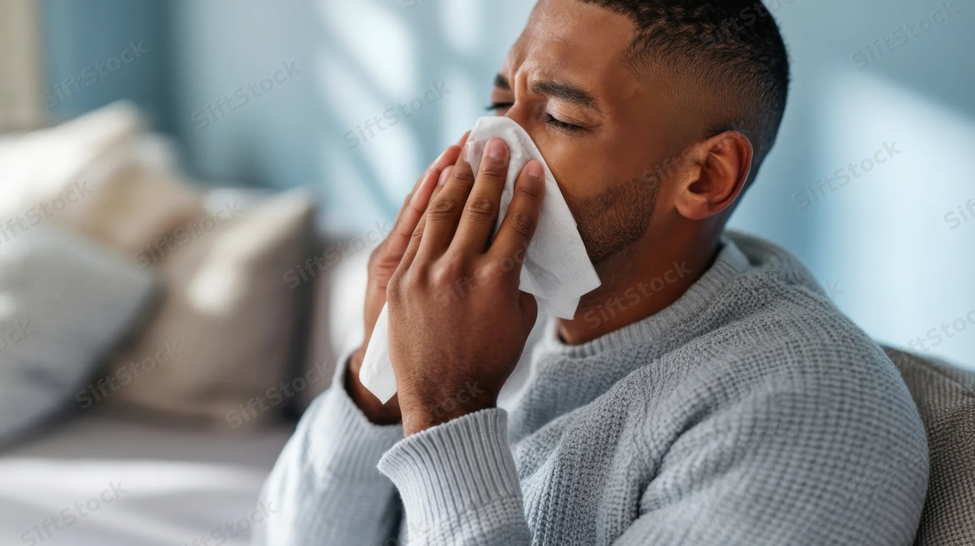 Man sneezing into tissue while sitting on couch in living room