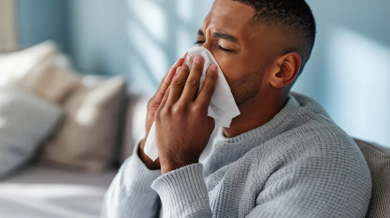 Man sneezing into tissue while sitting on couch in living room