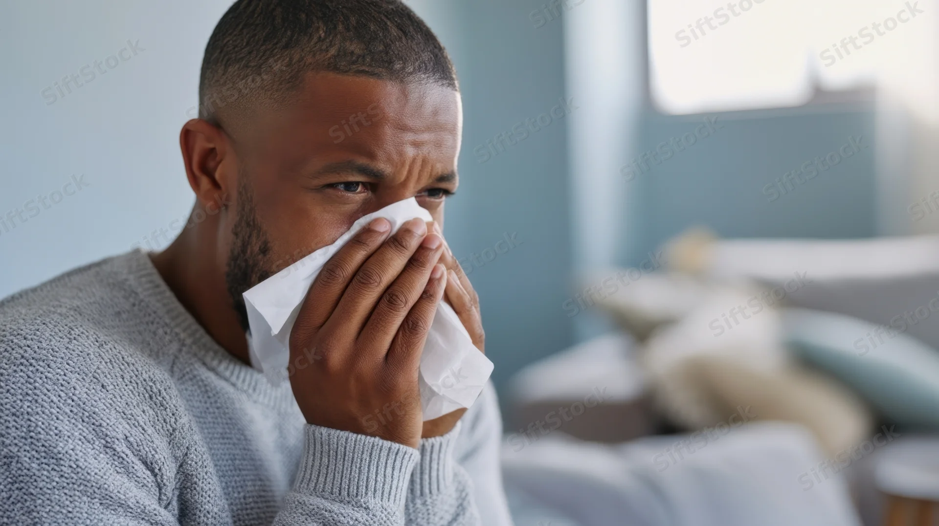Man holding tissue to his nose while sitting on couch in bedroom