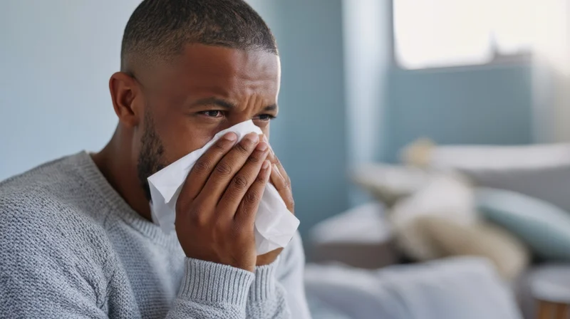 Man holding tissue to his nose while sitting on couch in bedroom