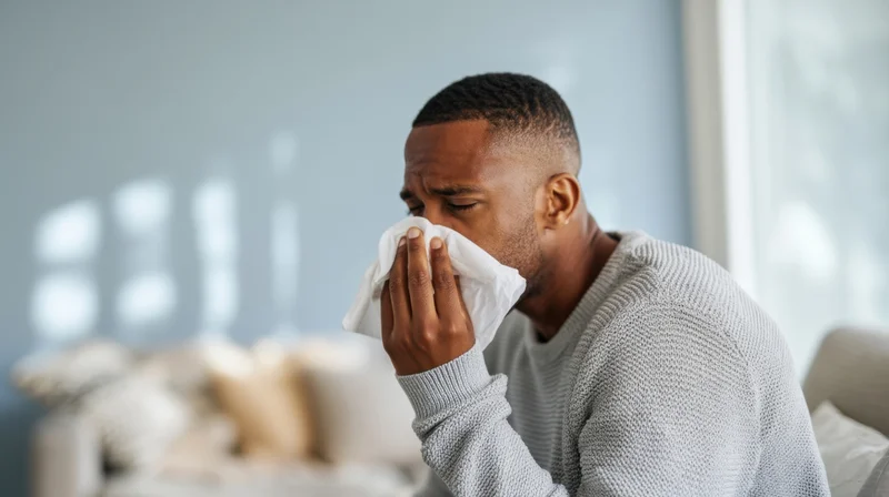 Man sneezing into tissue while sitting on sofa at home