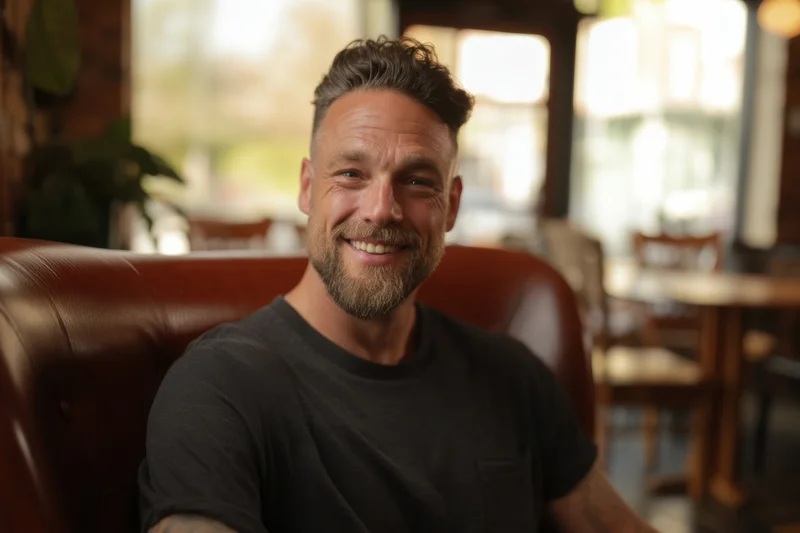 Man smiling while seated in a leather chair inside a cafe