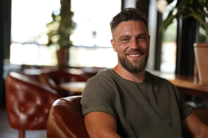 Man smiling while seated in a leather chair at a cafe interior