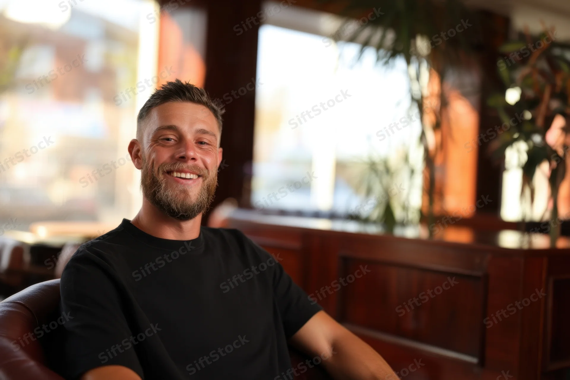 Man smiling while seated in a leather chair inside a restaurant with warm natural light and wooden decor
