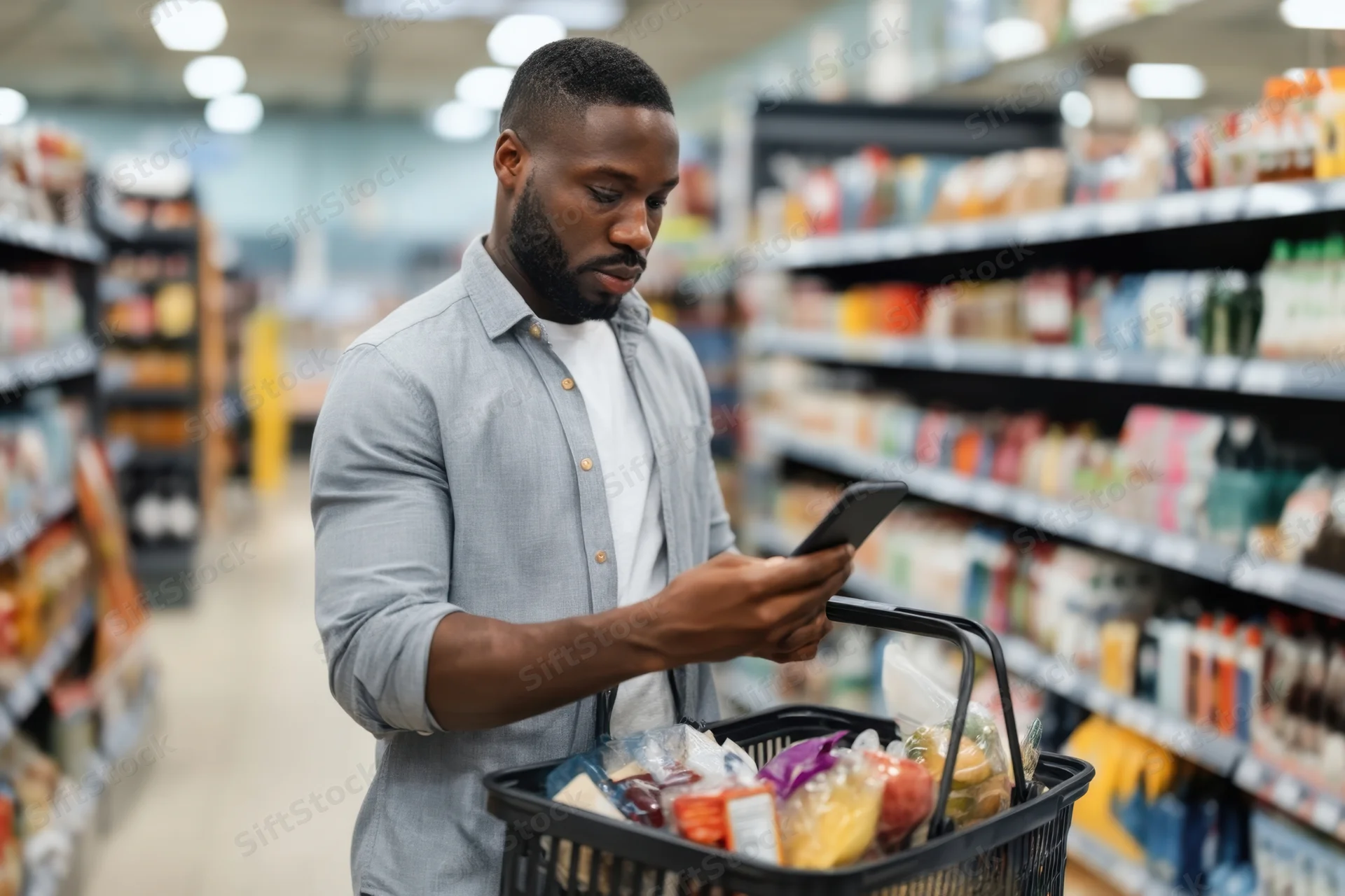 Man using smartphone while shopping in supermarket aisle with basket of groceries