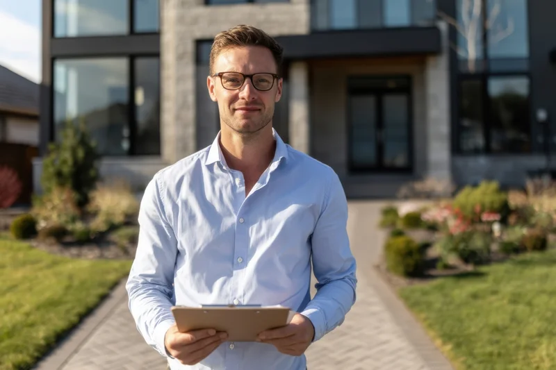Man holding clipboard smiling in front of modern house exterior