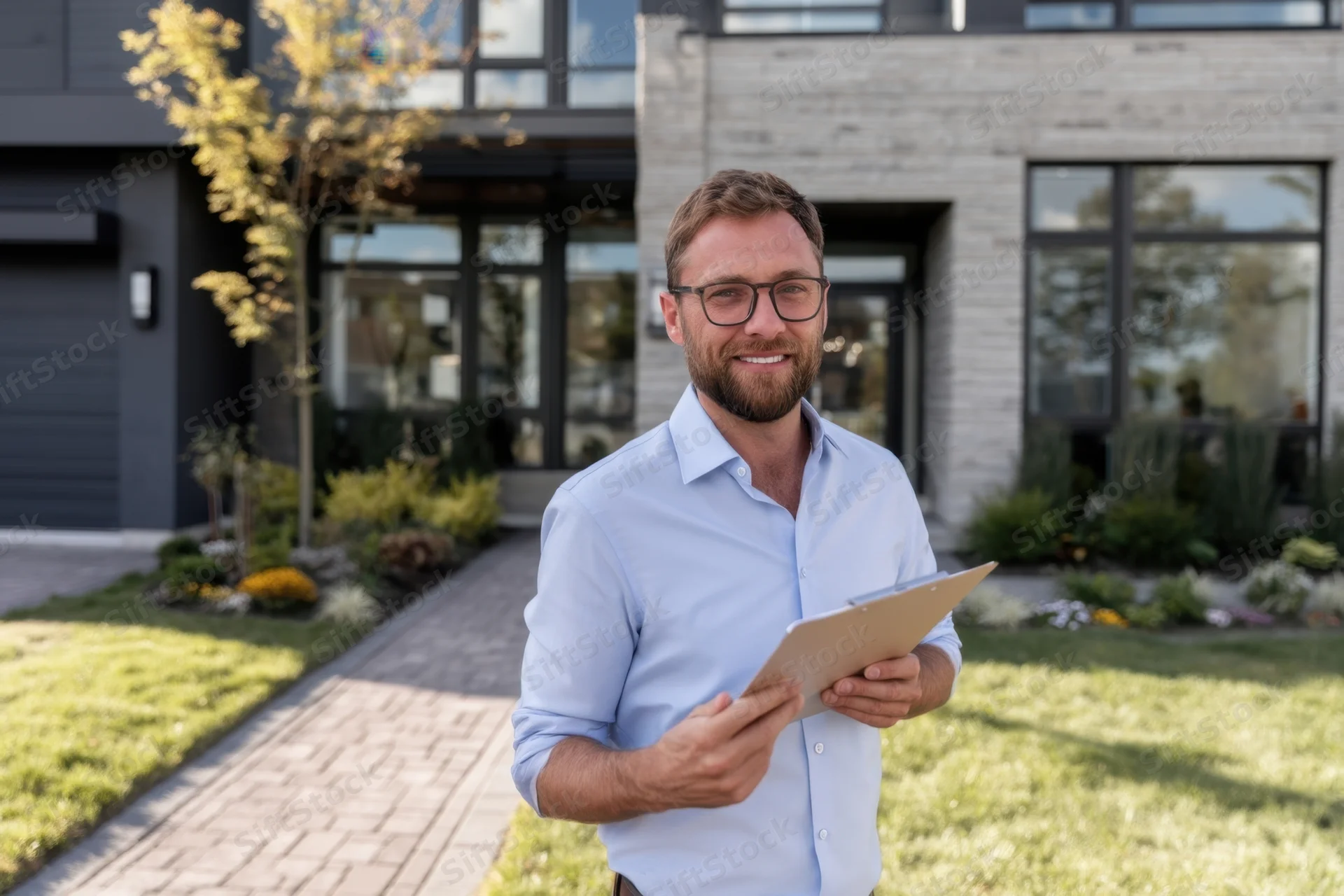 Man holding clipboard smiling in front of modern house with garden and pathway