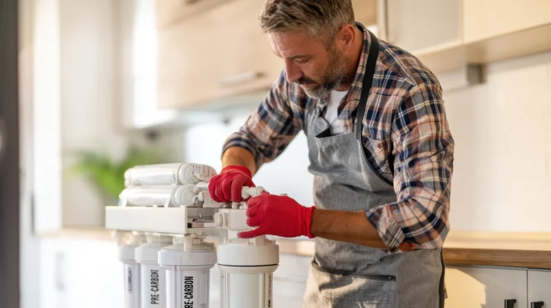 Man repairing water filter system in kitchen