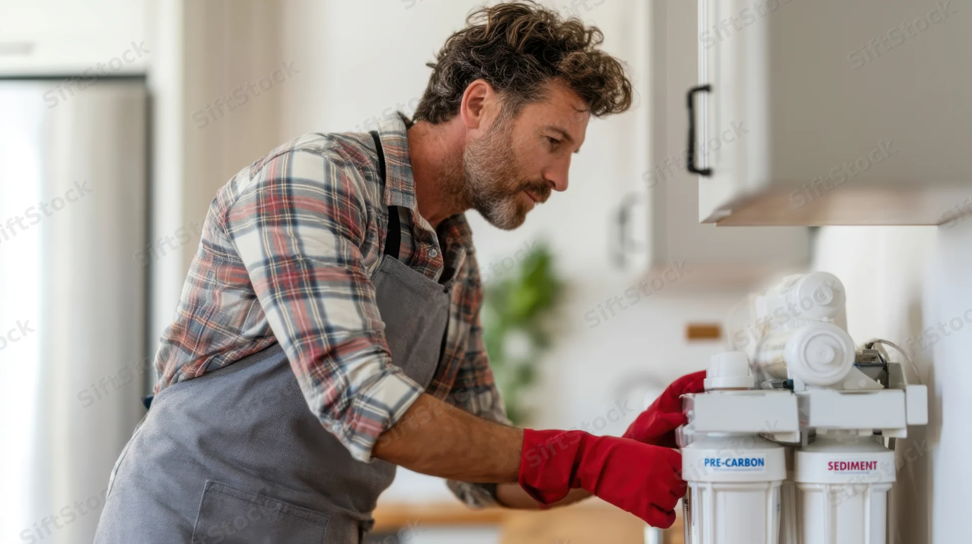 Plumber in apron and red gloves adjusting water filter system under kitchen sink