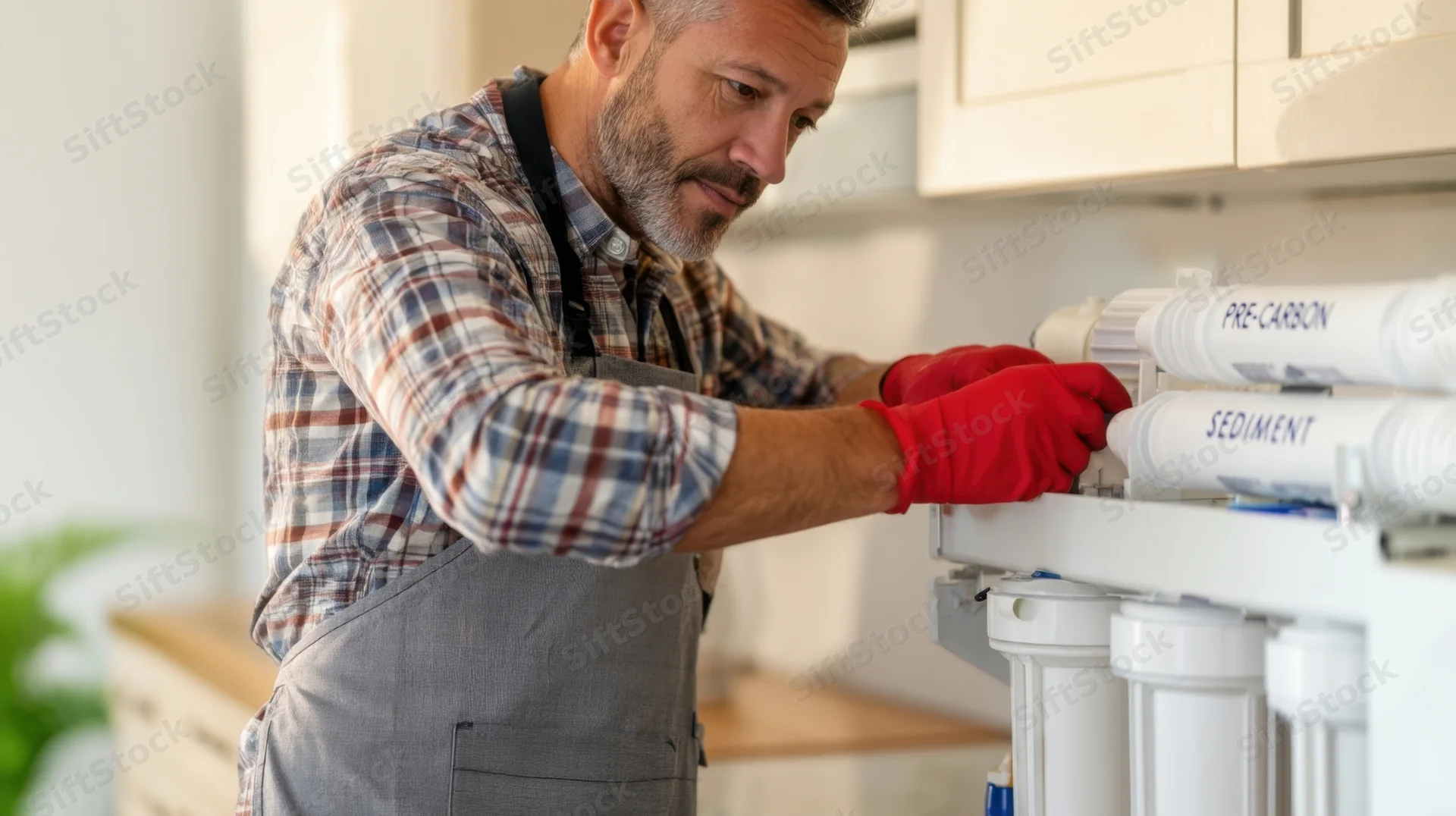 Man in apron and red gloves installing water filter system under kitchen cabinet