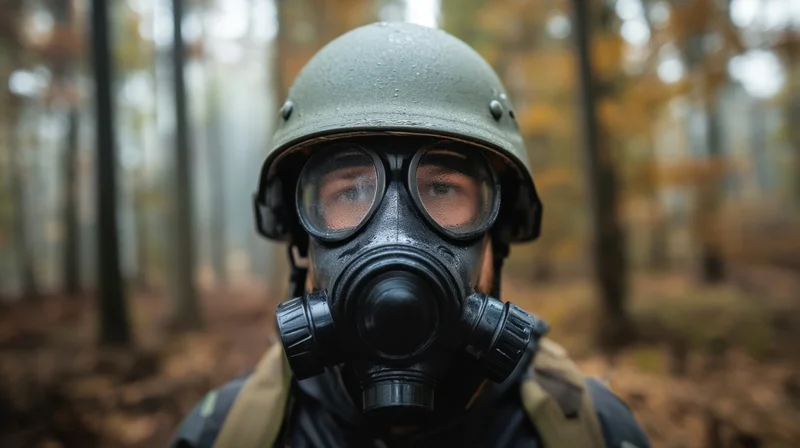 Man wearing gas mask and helmet in forest during autumn