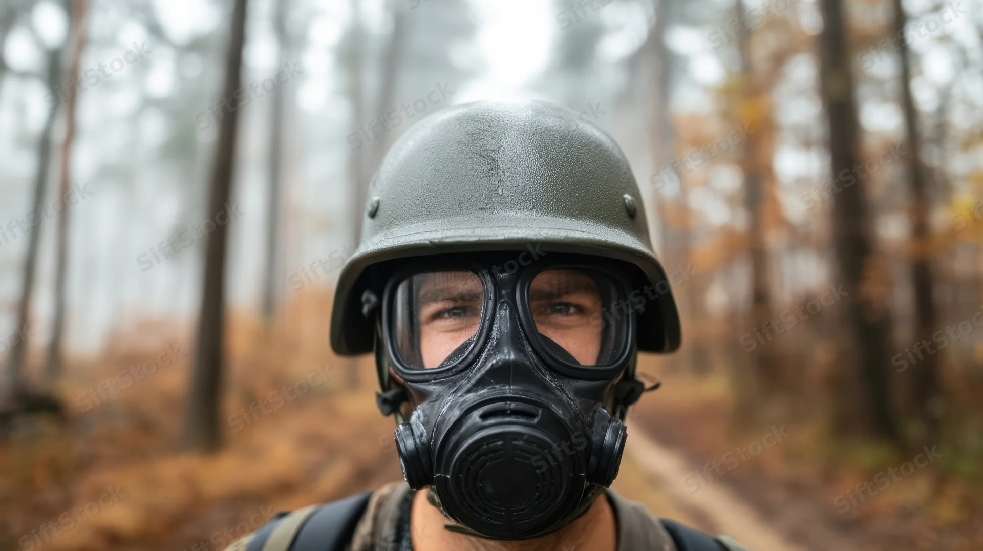 Soldier wearing gas mask and helmet in autumn forest