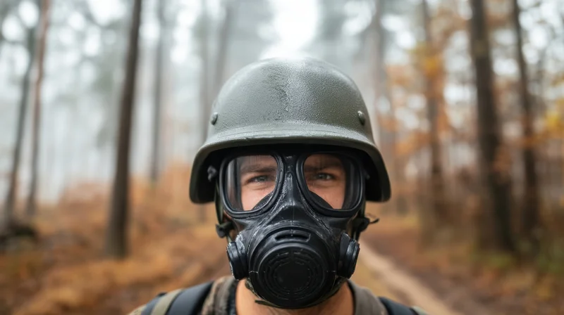 Soldier wearing gas mask and helmet in autumn forest