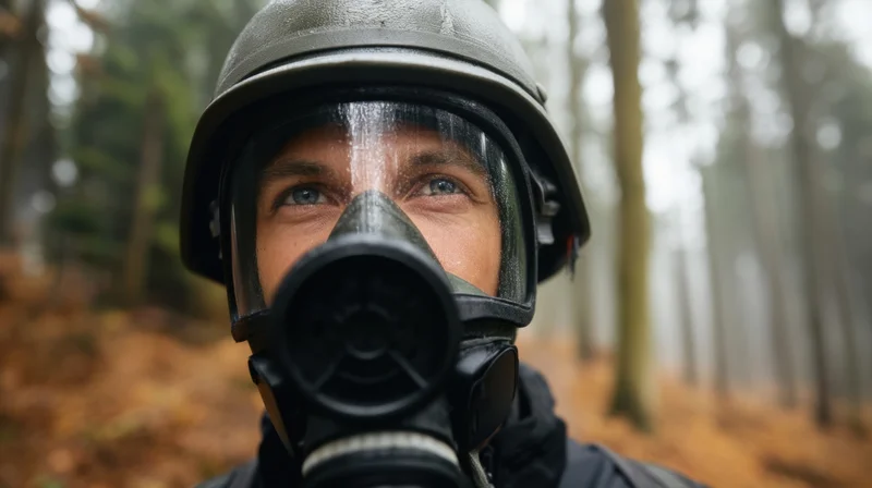 Man wearing gas mask and helmet in misty forest during autumn