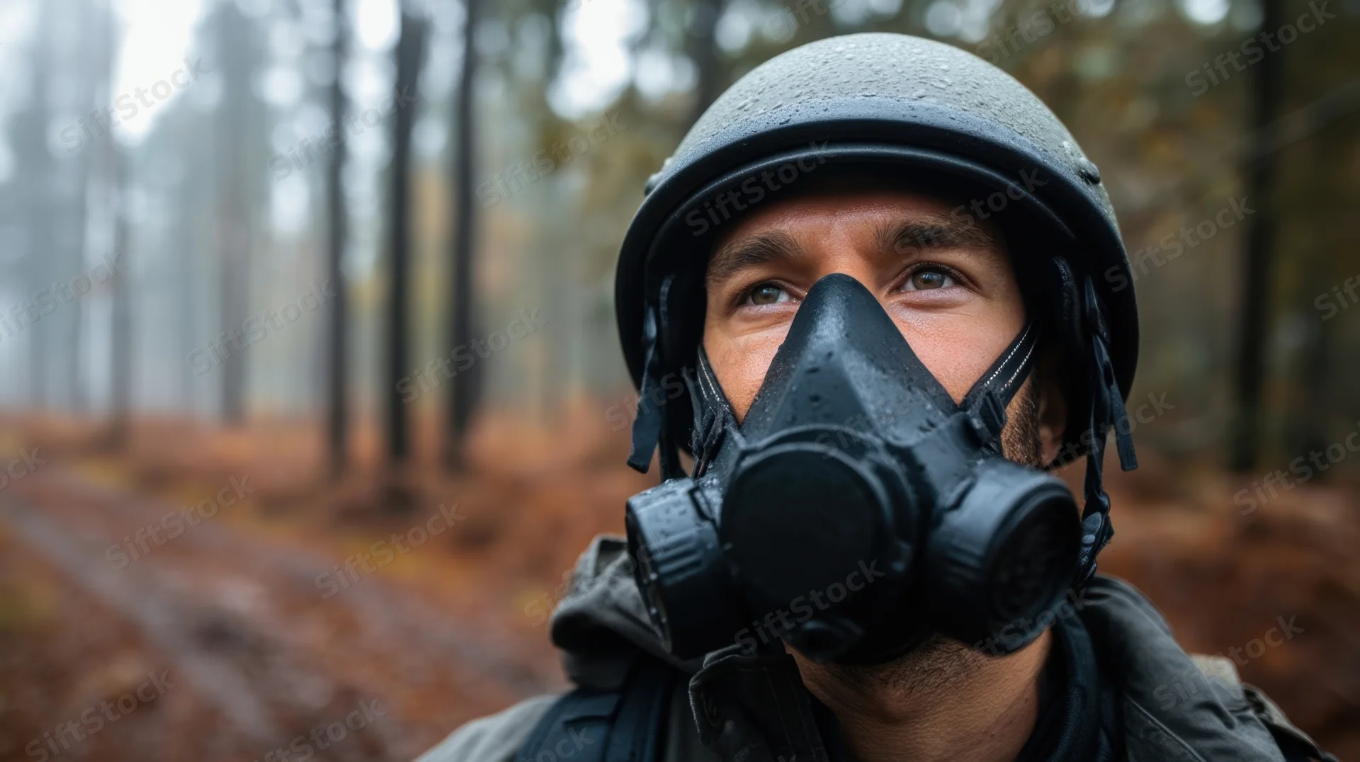 Man in military helmet and gas mask looking upward in misty forest path