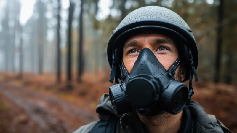 Man in military helmet and gas mask looking upward in misty forest path