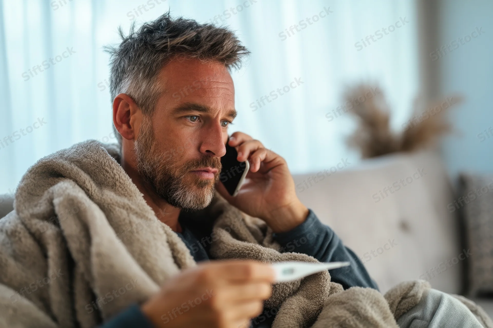 Man wrapped in blanket holding digital thermometer while talking on phone at home