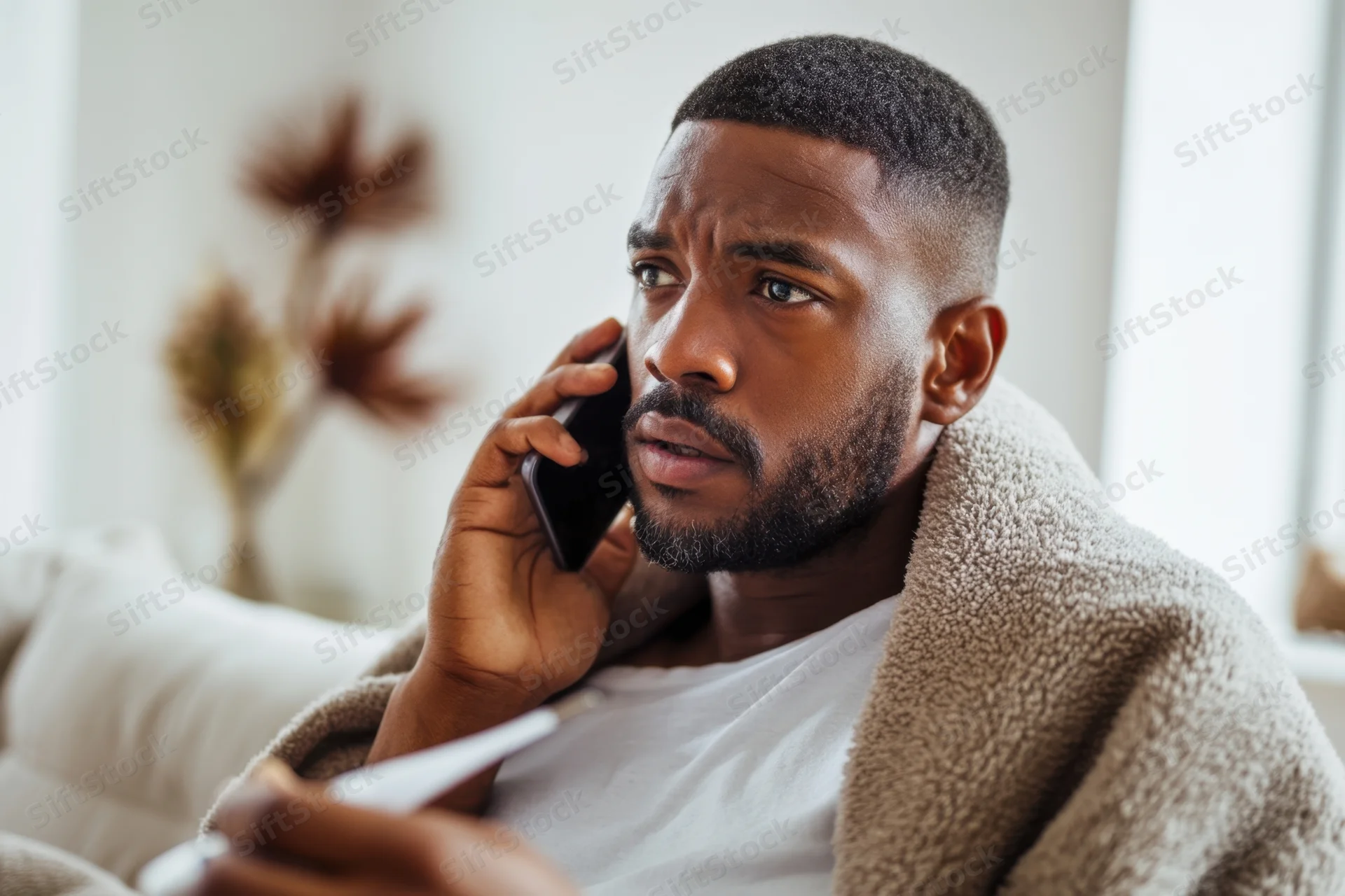 Man talking on phone with concerned expression while wrapped in blanket on sofa