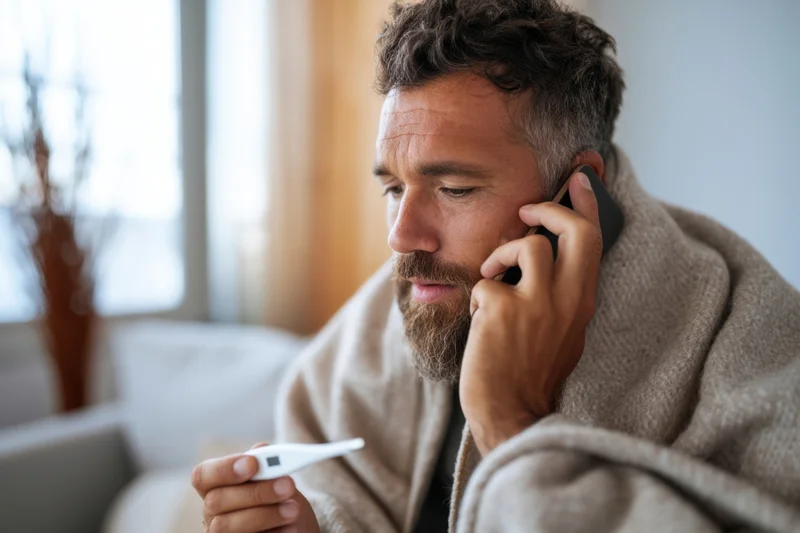 Man wrapped in blanket holding thermometer while talking on phone at home