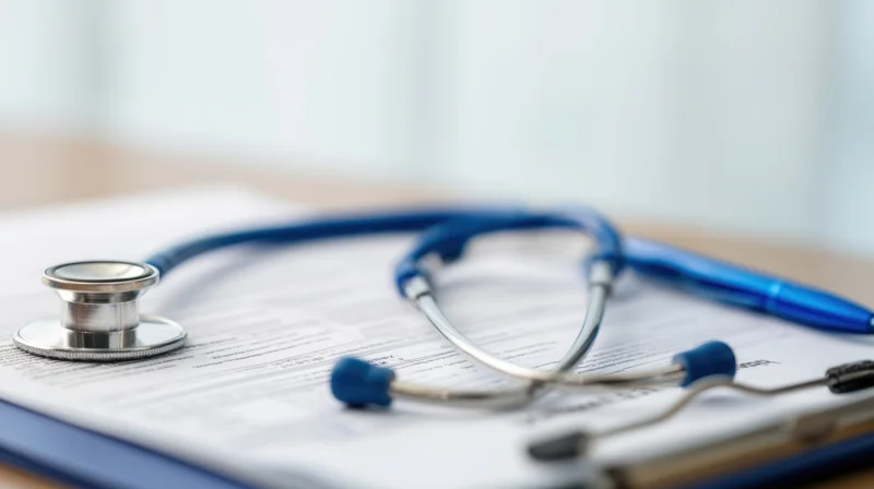 Blue stethoscope resting on a medical document in a clinic office