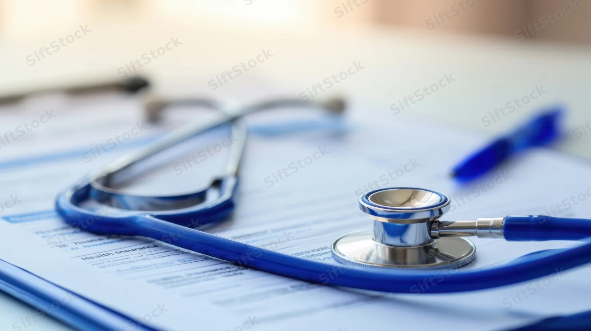 Blue stethoscope resting on a medical form with a pen nearby on a clipboard in a clinic setting