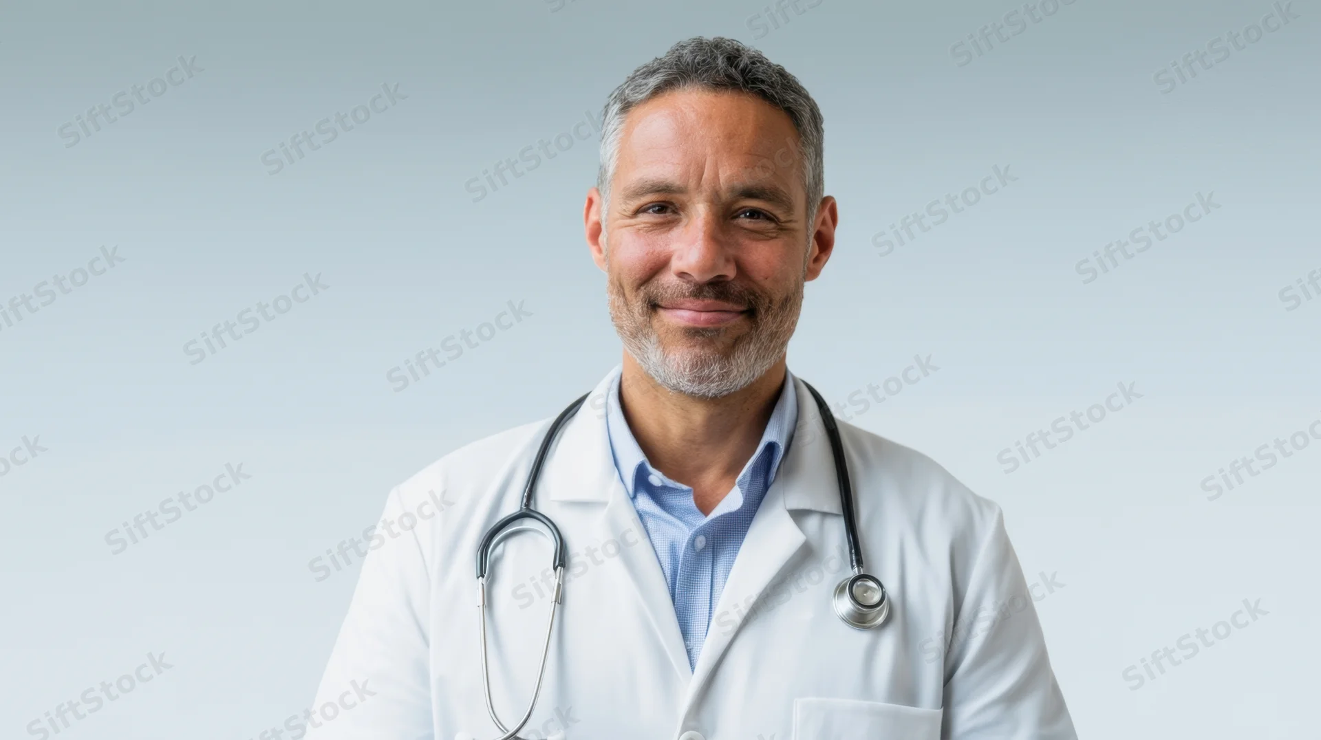 Smiling male doctor in white lab coat with stethoscope around neck against light background