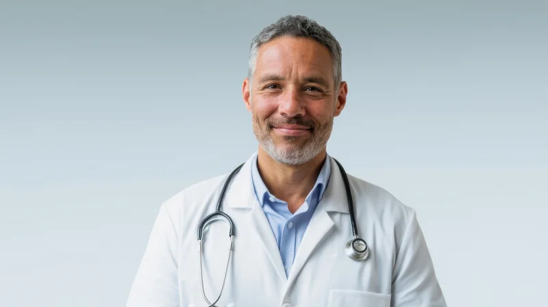 Smiling male doctor in white lab coat with stethoscope around neck against light background