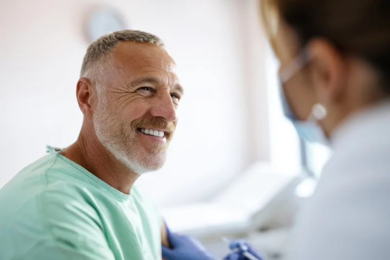 Smiling man in dental clinic during examination by female dentist