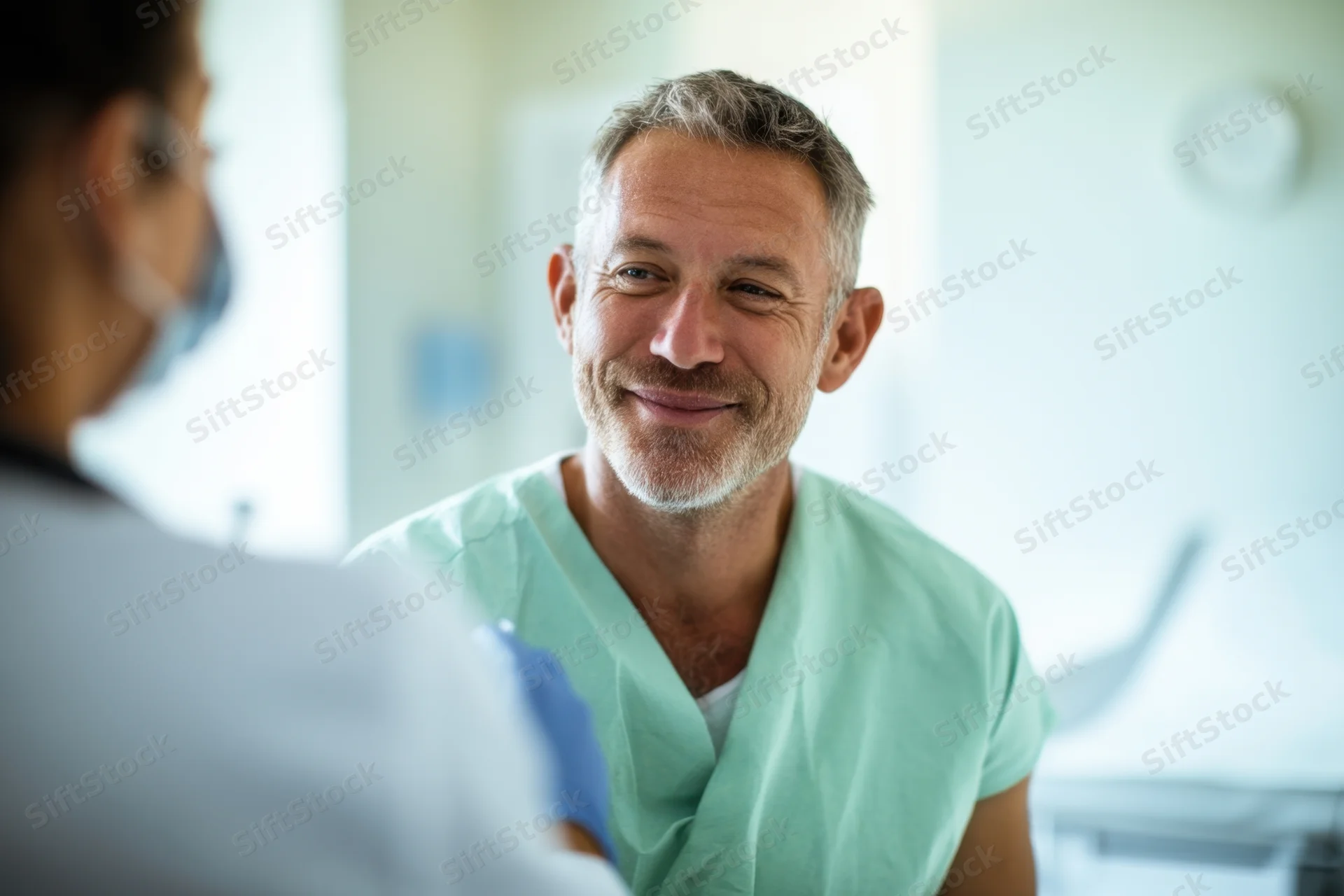 Male doctor in green scrubs smiling during consultation with patient in hospital room