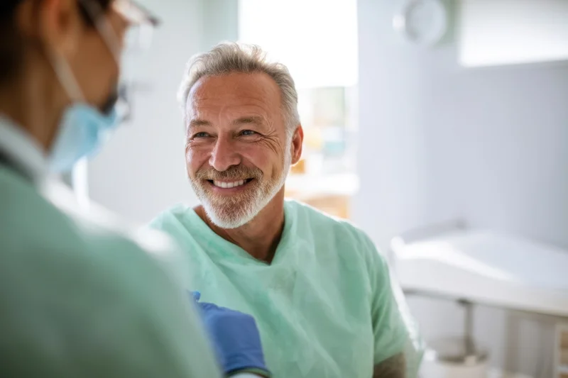 Senior man smiling during medical consultation in clinic with doctor in scrubs