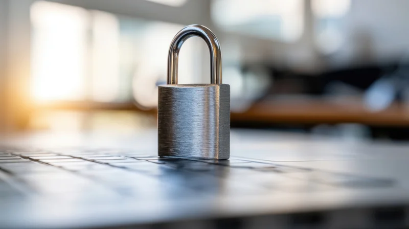 Metallic padlock resting on laptop keyboard in office setting