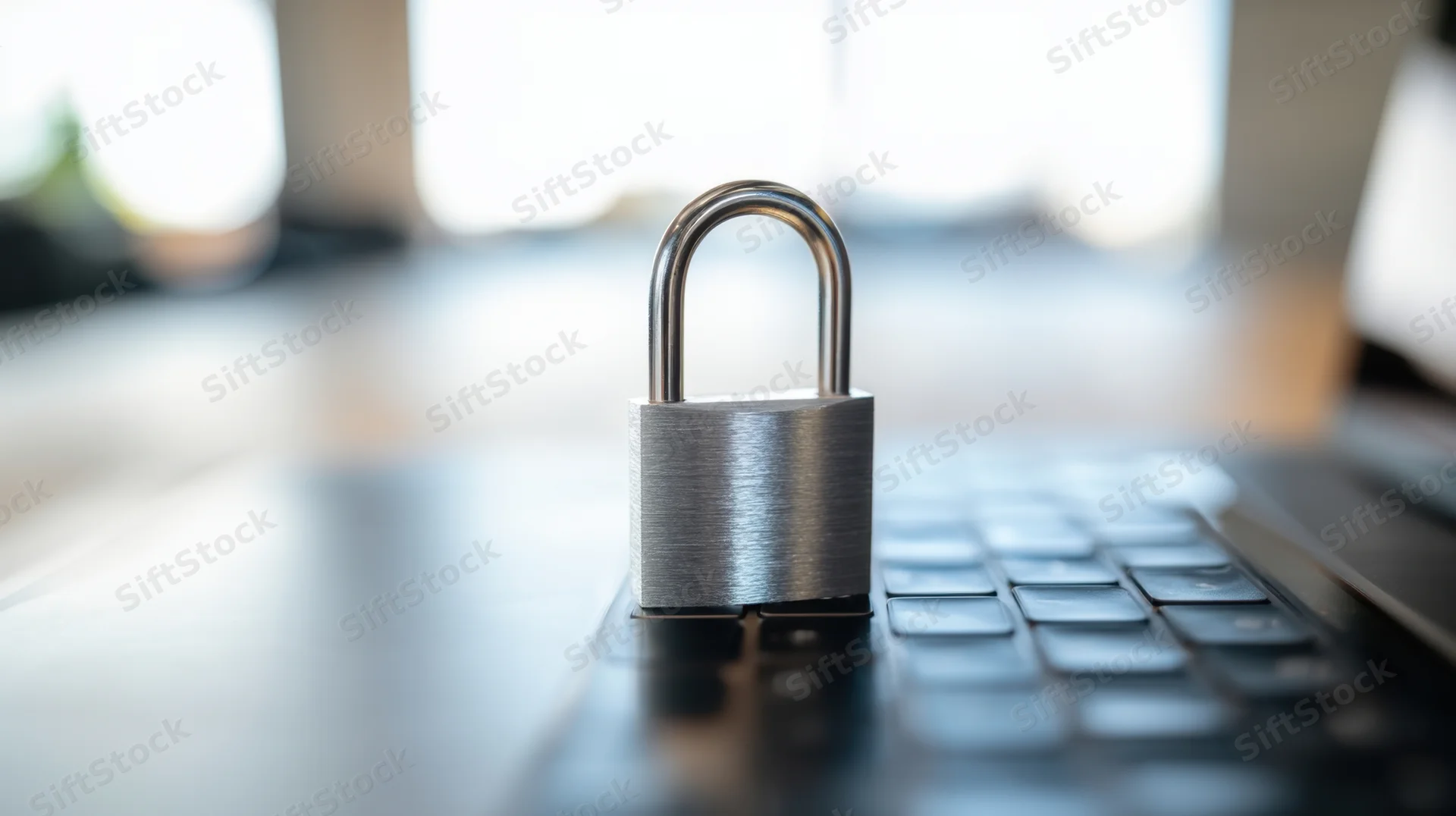 Metallic padlock resting on laptop keyboard in an office setting