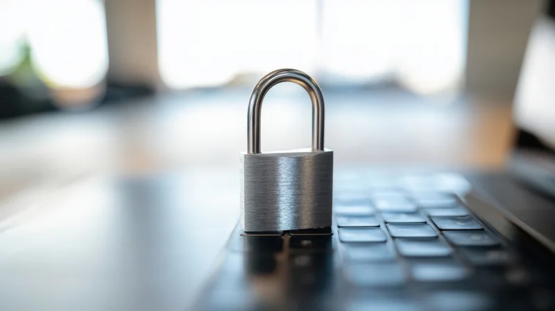 Metallic padlock resting on laptop keyboard in an office setting