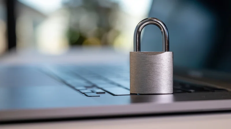 Metallic padlock resting on laptop keyboard symbolizing digital security