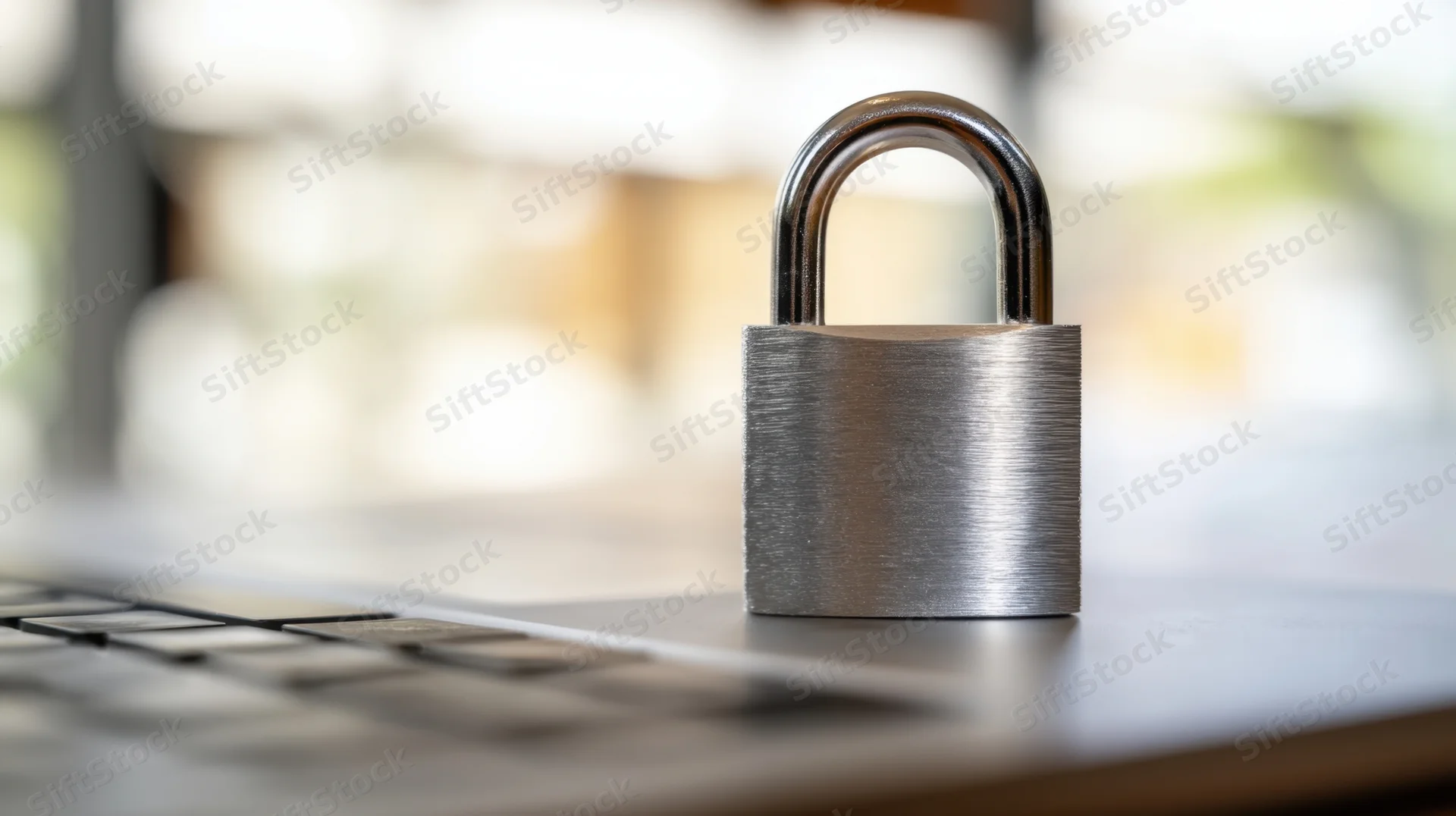 Metallic padlock resting on a laptop keyboard